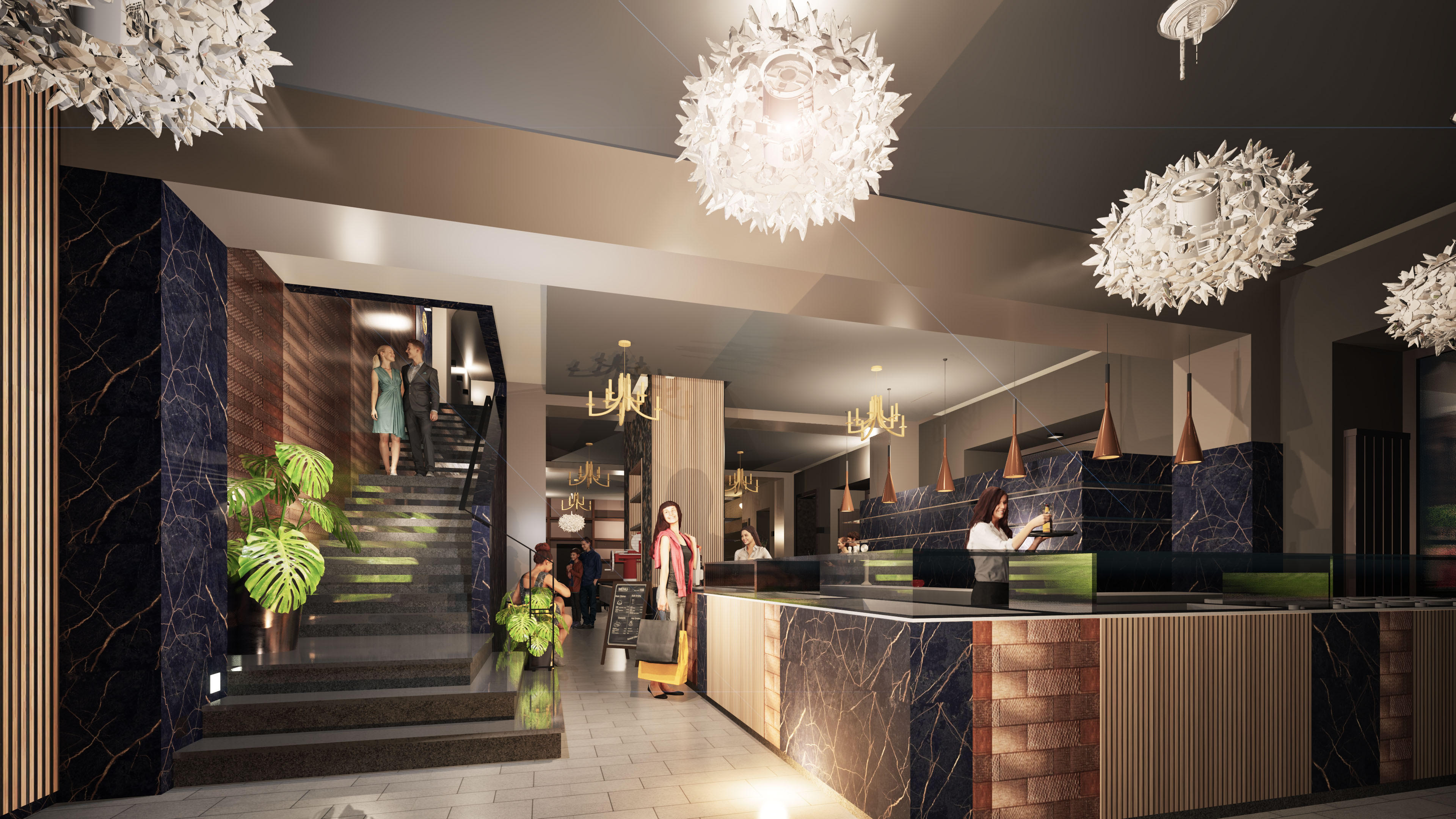 Modern restaurant interior with marble walls and golden accents