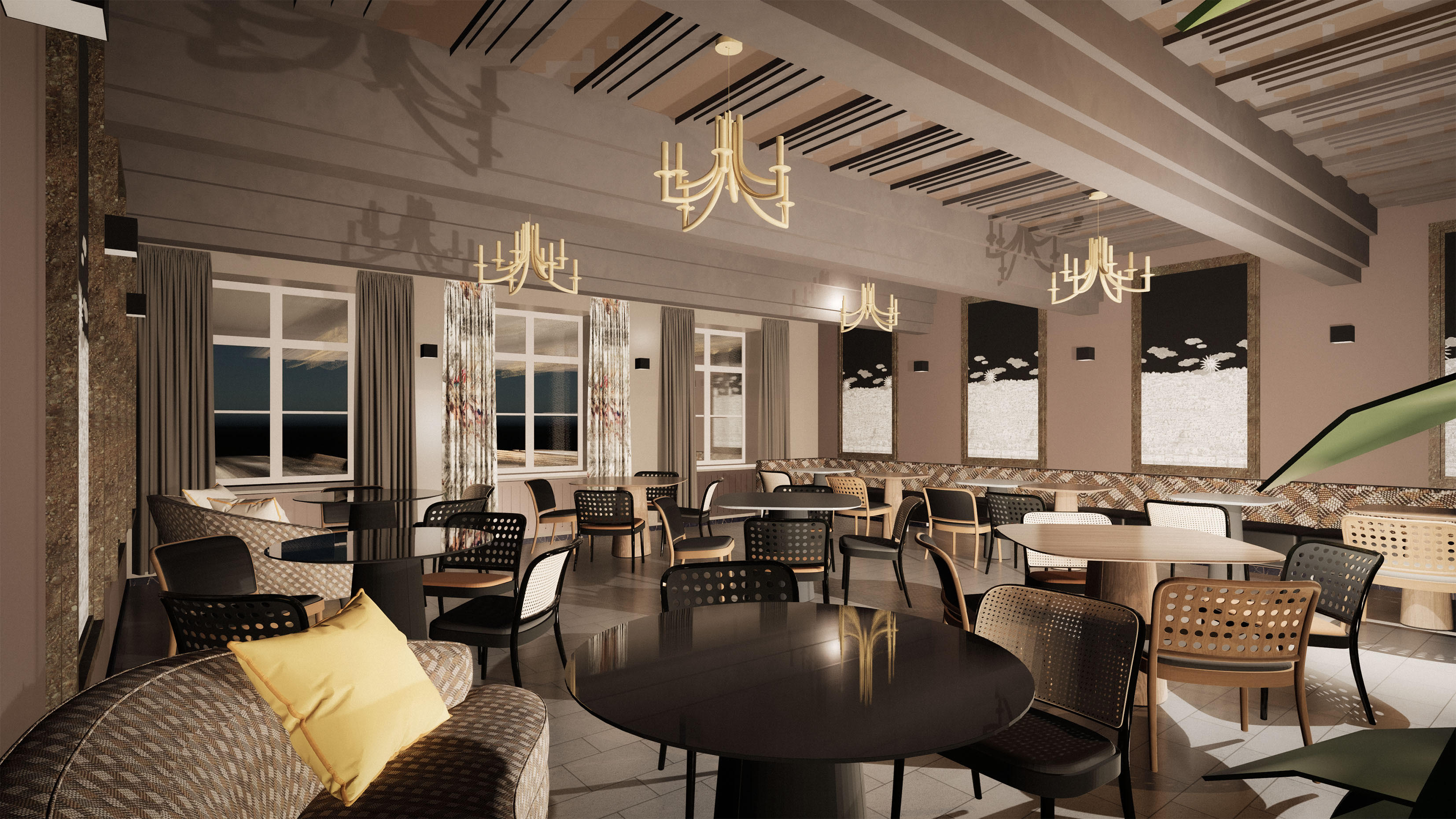 Dark dining space with gold chandelier